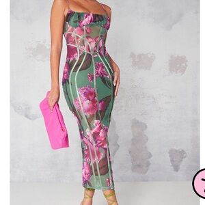 Pretty Little Thing Green Floral Print Mesh Binding Detail Midi Dress